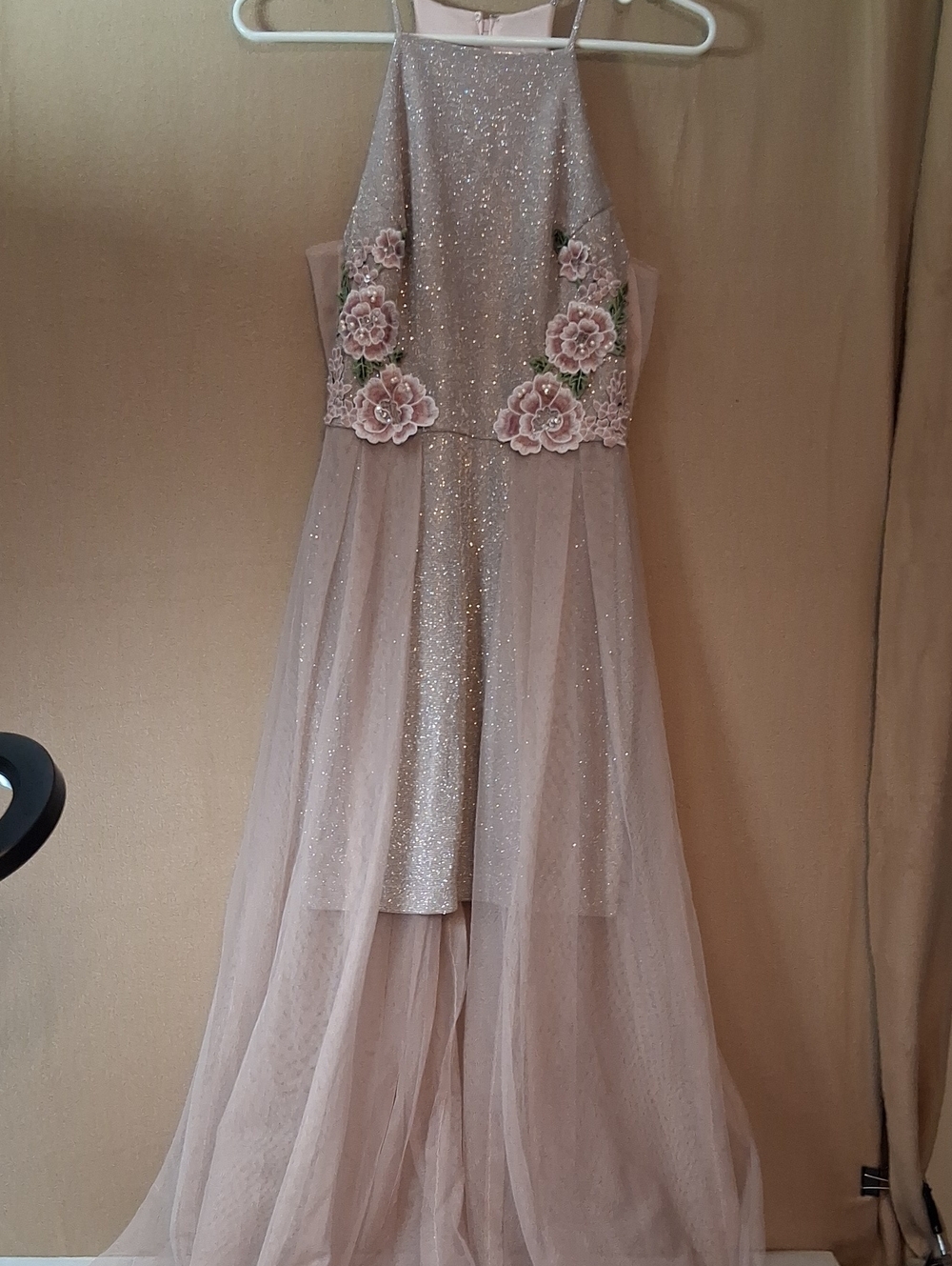 Sparkle Blush Pink Floral-Appliqué Prom Gown